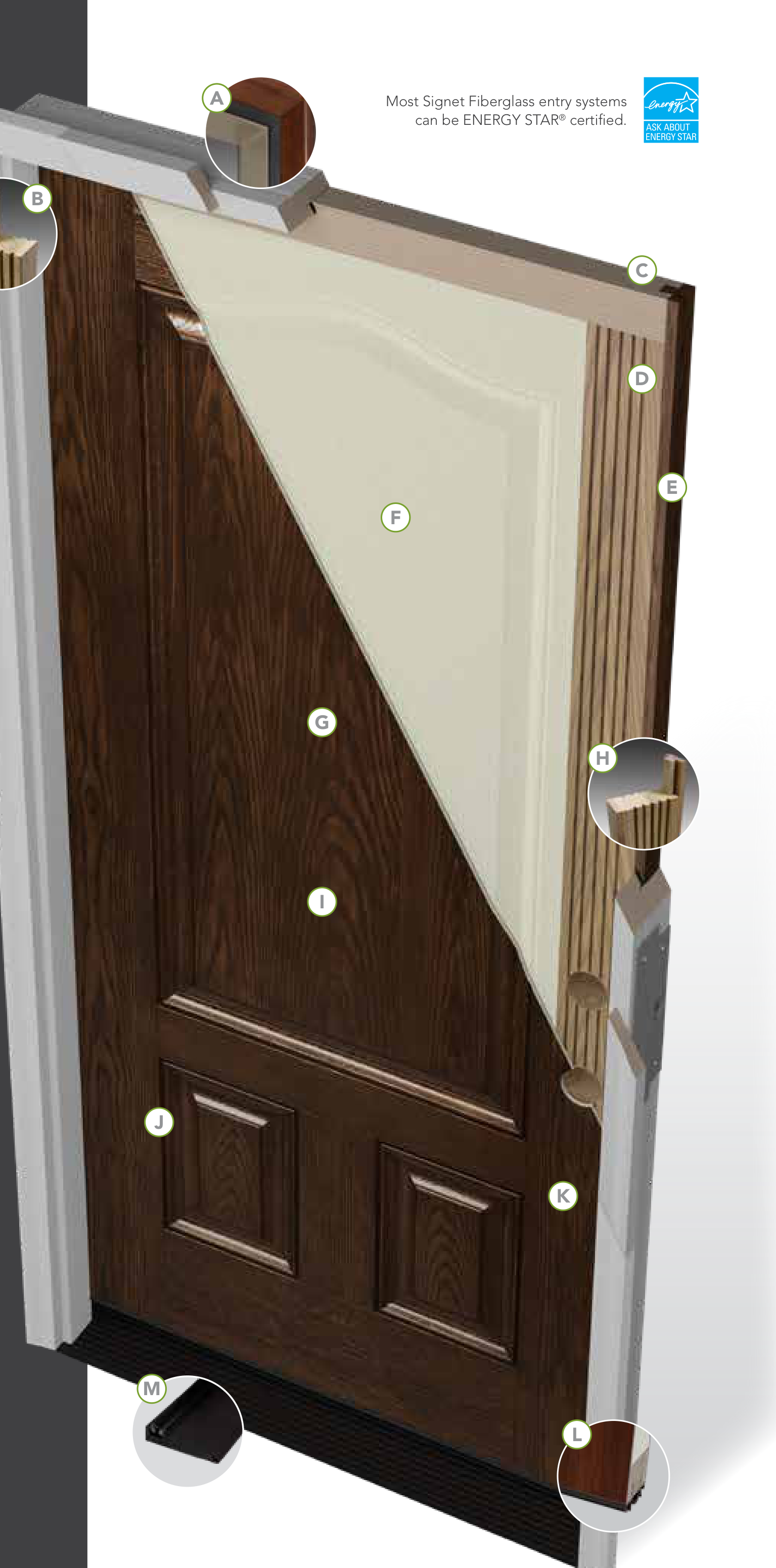 ProVia Signet entry door cutaway showing the hardwood hinge stile and insulated core